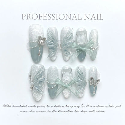 10Pcs Aurora Handmade False Nails with Jelly Glue Long Almond Fake Nail Art Shell Design Press on Nails Full Cover Manicure Tips