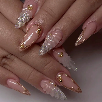24Pcs Almond False Nails Dreamy 3D Shell Fake Nails Golden Chrome Powder Nail Pearl Butterfly Flower Press on Nails Sweet Cool