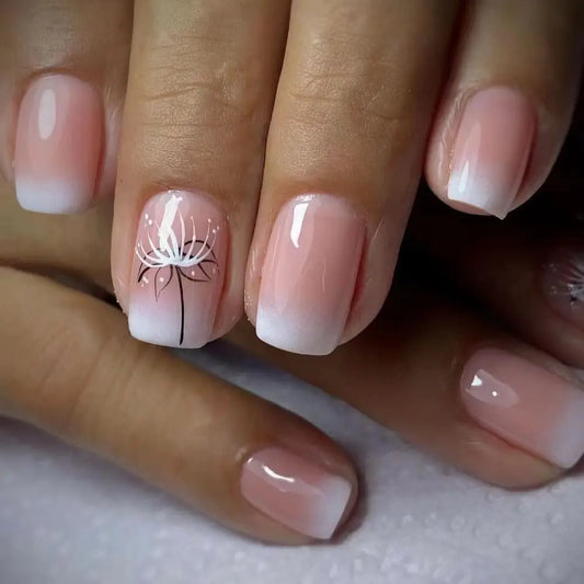 Square Head French Fake Nails Waterproof Wearable Manicure Nude Color Gradient Press on Nails Full Cover Flash Nail Tips Women