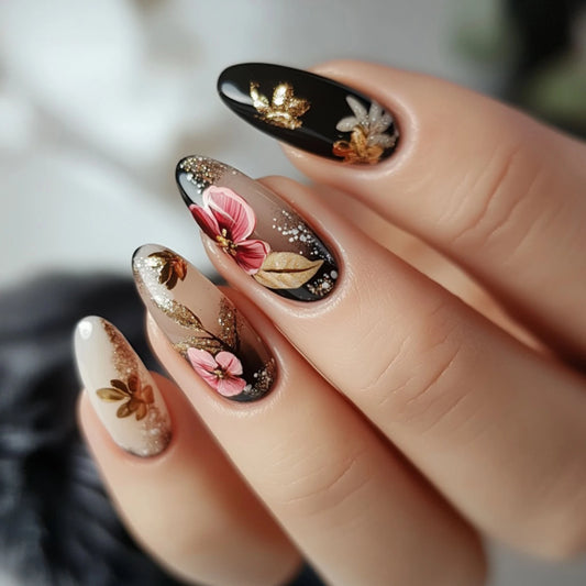 24pcs Gold Leaf Flowers Fake Nails Press On Nails With Black Gradient Design Almond Glitter Reusable Adhesive False Nails Decor
