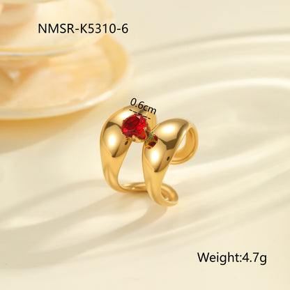 Red Zircon Ring - Titanium Steel Open-end Bold Geometric Design