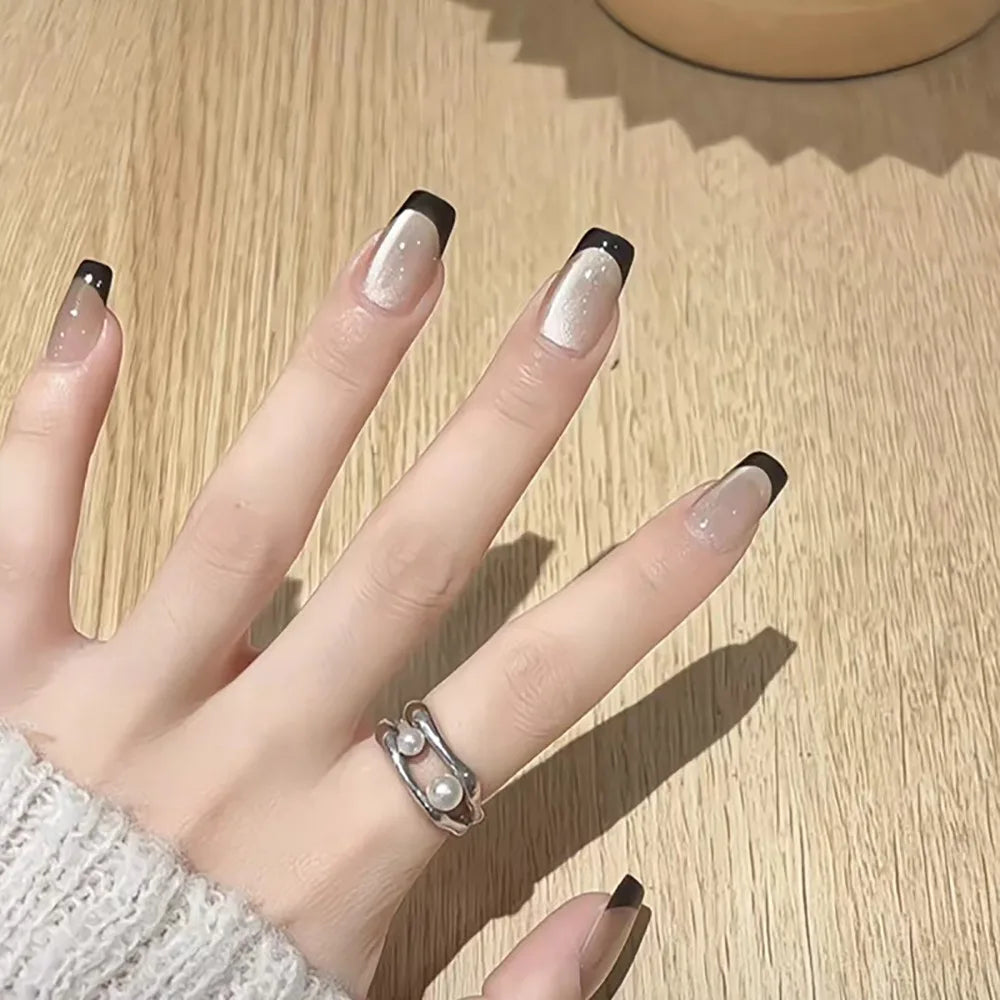 24/30PCS/BOX Cat Eyes False Nail 3D Bow Ripple Love Pearl Press on Nails Simple French Lines with Jelly Stickers Nail Tips