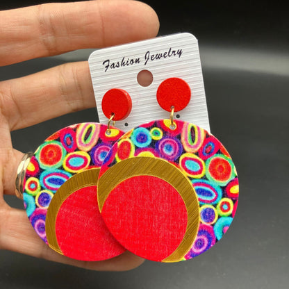 Wooden Printed Round Color Large Earrings