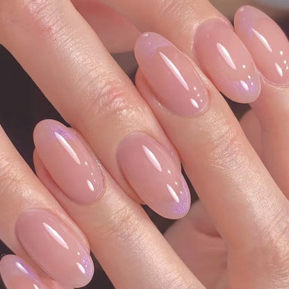 24pcs Glitter Short Almond False Nails Pink Aurora Ellipse Fake Nails Press on Nails DIY Manicure Detachable Full Cover Nail Tip