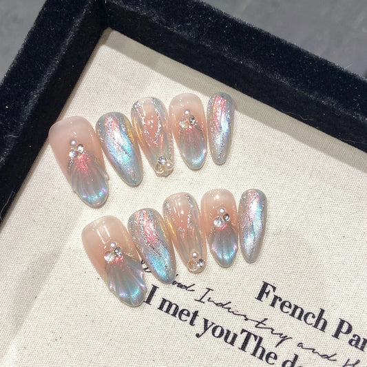 10Pcs Aurora Handmade False Nails with Jelly Glue Long Almond Fake Nail Art Shell Design Press on Nails Full Cover Manicure Tips