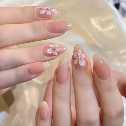 24pcs Bow False Nails Sets Press on Pink French Valentine’s Day Long Almond Nails Art Reusable Love Rhinestone Design Fake Nail