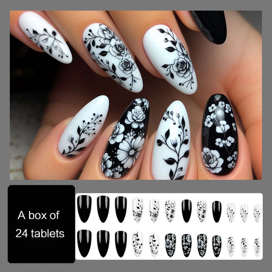 24Pcs Almond Fake Nails Black/White Flower Printed Charms Press On Nails Women and Girls Full Cover Wearable False Nails Patches