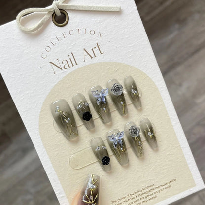 10Pcs Aurora Handmade False Nails with Jelly Glue Long Almond Fake Nail Art Shell Design Press on Nails Full Cover Manicure Tips