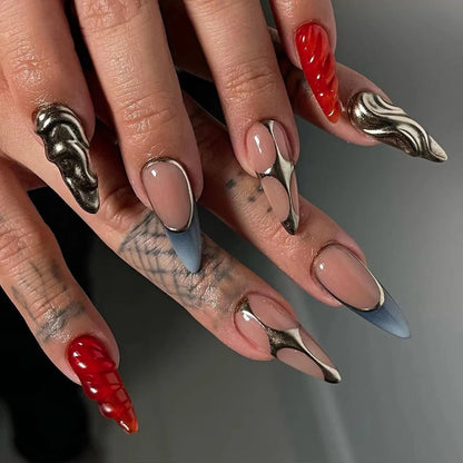 3D Silver Metallic Style French Rhinestone Stars Nail Art Y2K Fashion False Nails Detachable Finished Fake Nails Press on Nails