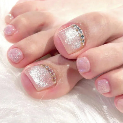 Summer Glitter Pure White Aurora Pearlescent Solid Color Cat Eye Fake Toenails Art Toe Nails False Nails Press on Nails Toenails