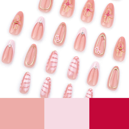 24pcs New Alligator Print False Nails Pink French Style 3D Flower Decor Press On Nail Glitter Gold Powder Designs Fake Nails