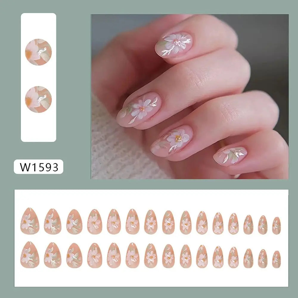 24/30PCS Reusable 3D Effect False Nail Green Ripple Glitter Press on Nails Full Cover Pink Bow Nail Tips for Women Girl