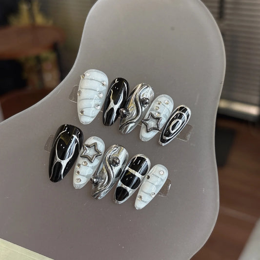 10PCS Sweet Cool Almond Handmade False Nail Dark Black Metallic Silver Pattern with 3D Star Fake Nails Spice Girls Press on Nail