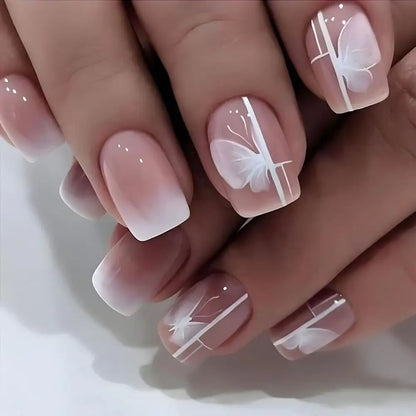 Square Head French Fake Nails Waterproof Wearable Manicure Nude Color Gradient Press on Nails Full Cover Flash Nail Tips Women