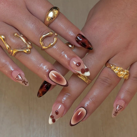 24pcs Cute Flower Petals Press on Nails Short Almond French Gel False Nails Golden Lines Stick on Fake Nails for Sweet Cool Girl