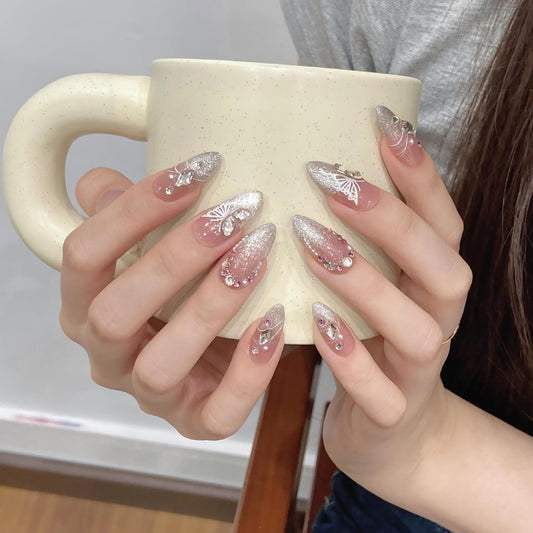 10Pcs Aurora Handmade False Nails with Jelly Glue Long Almond Fake Nail Art Shell Design Press on Nails Full Cover Manicure Tips
