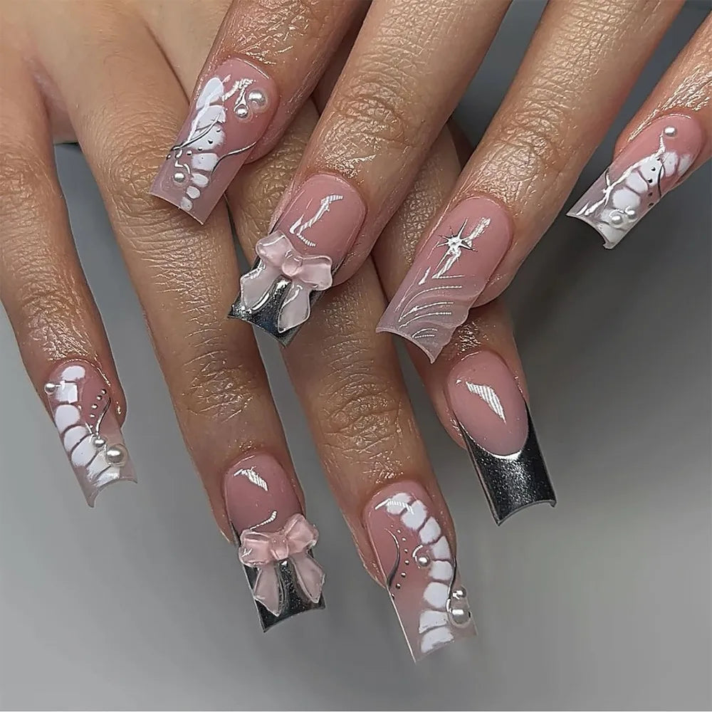24/30PCS/BOX Cat Eyes False Nail 3D Bow Ripple Love Pearl Press on Nails Simple French Lines with Jelly Stickers Nail Tips