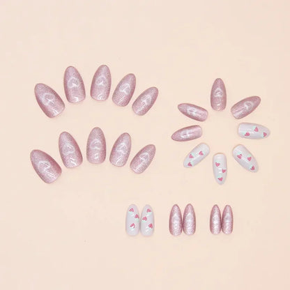 24Pcs Almond-Shaped Press-On Nails With Cute Strawberry Heart Design Medium Length Pearlescent Finish Mixed Shades False Nails