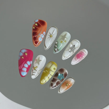 10PCS Sweet Cool Almond Handmade False Nail Dark Black Metallic Silver Pattern with 3D Star Fake Nails Spice Girls Press on Nail
