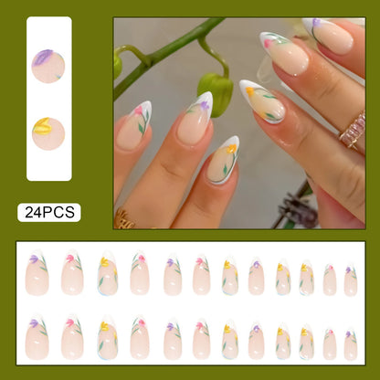 24pcs Gold Leaf Flowers Fake Nails Press On Nails With Black Gradient Design Almond Glitter Reusable Adhesive False Nails Decor