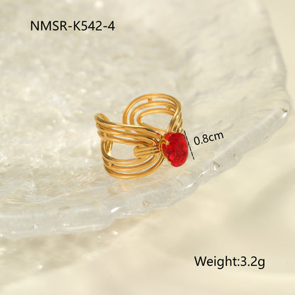 Red Zircon Ring - Titanium Steel Open-end Bold Geometric Design