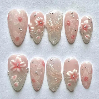 24Pcs Mid-length Almond Press on False Nails 3D Ripple Flower Design Full Cover Nails Tips Bow Strawberry Detachable Fake Nails