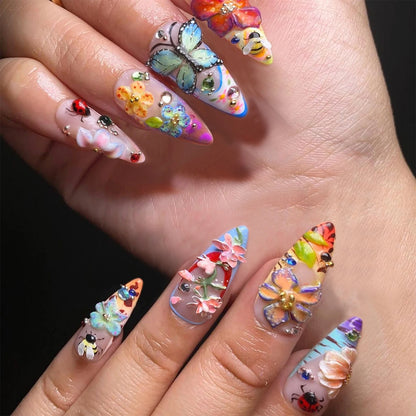 Simple Almond Nails Tips Fresh Colorful Flower Design False Nails Wearable Oval Fake Nail Short Full Cover Press on Nails