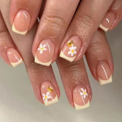 Flowers Gold Glitter Powder Edge White French Nail Art Fashion Wearable Fake Nail Detachable Finished False Nails Press on Nails