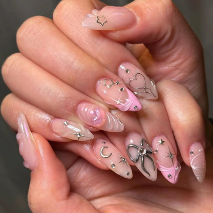 24pcs Bow False Nails Sets Press on Pink French Valentine’s Day Long Almond Nails Art Reusable Love Rhinestone Design Fake Nail