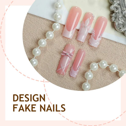 24Pcs Nude Color Fake Nails White French Tips Almond Press On Nails Flower Designs Korean Style DIY Manicure Artificial Nails