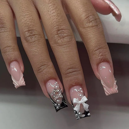 24/30PCS/BOX Cat Eyes False Nail 3D Bow Ripple Love Pearl Press on Nails Simple French Lines with Jelly Stickers Nail Tips