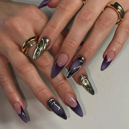 3D Silver Metallic Style French Rhinestone Stars Nail Art Y2K Fashion False Nails Detachable Finished Fake Nails Press on Nails