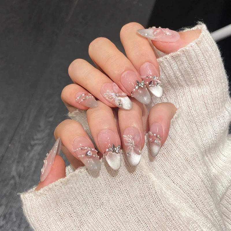 10Pcs Aurora Handmade False Nails with Jelly Glue Long Almond Fake Nail Art Shell Design Press on Nails Full Cover Manicure Tips