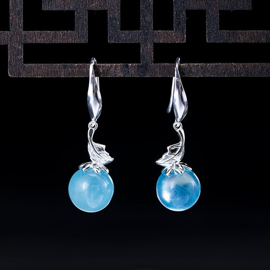 S925 Silver Aquamarine Flower Earrings - Vintage Leaves Gemstone Jewelry