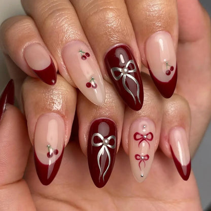 Lovely Cherry Solid Color Red Nail Art White French Simple Fake Nails Detachable Finished False Nails Press on Nails with Glue