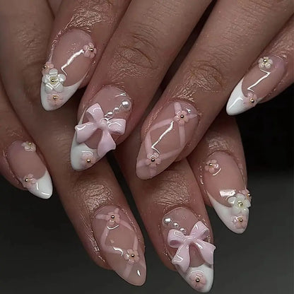 24/30PCS Reusable 3D Effect False Nail Green Ripple Glitter Press on Nails Full Cover Pink Bow Nail Tips for Women Girl