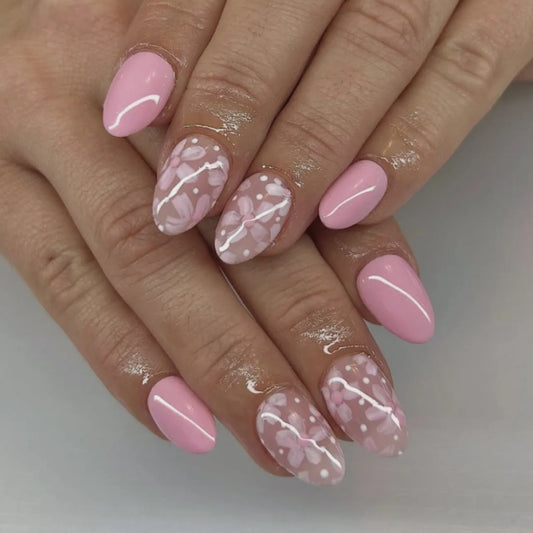 24pcs Cat's Eye Press on Nails Love Design French Pink Almond Fake Nail Mid-length Oval False Nail Art Reusable Glitter Manicure