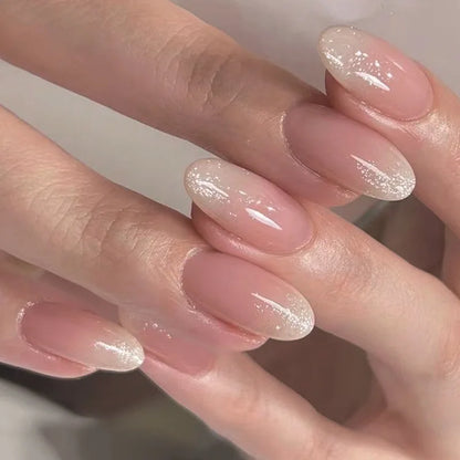 24pcs Glitter Short Almond False Nails Pink Aurora Ellipse Fake Nails Press on Nails DIY Manicure Detachable Full Cover Nail Tip