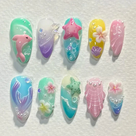 Summer Almond Fake Nails Colorful 3D Flower Seashell Designs Press on Nail