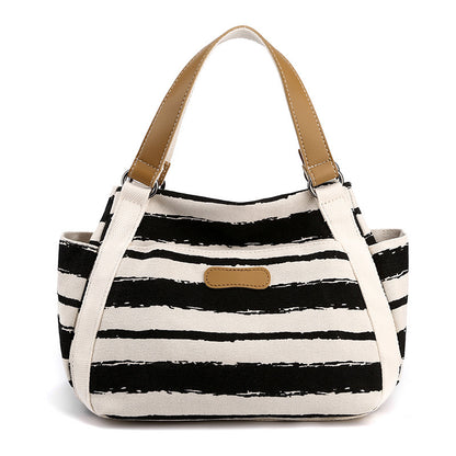 Canvas Striped Handbag - Large Capacity Outdoor Shoulder Storage Bag