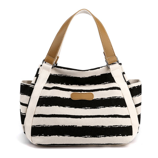 Canvas Striped Handbag - Large Capacity Outdoor Shoulder Storage Bag