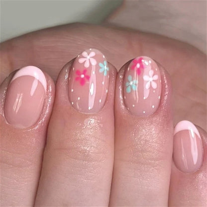 Flowers Gold Glitter Powder Edge White French Nail Art Fashion Wearable Fake Nail Detachable Finished False Nails Press on Nails
