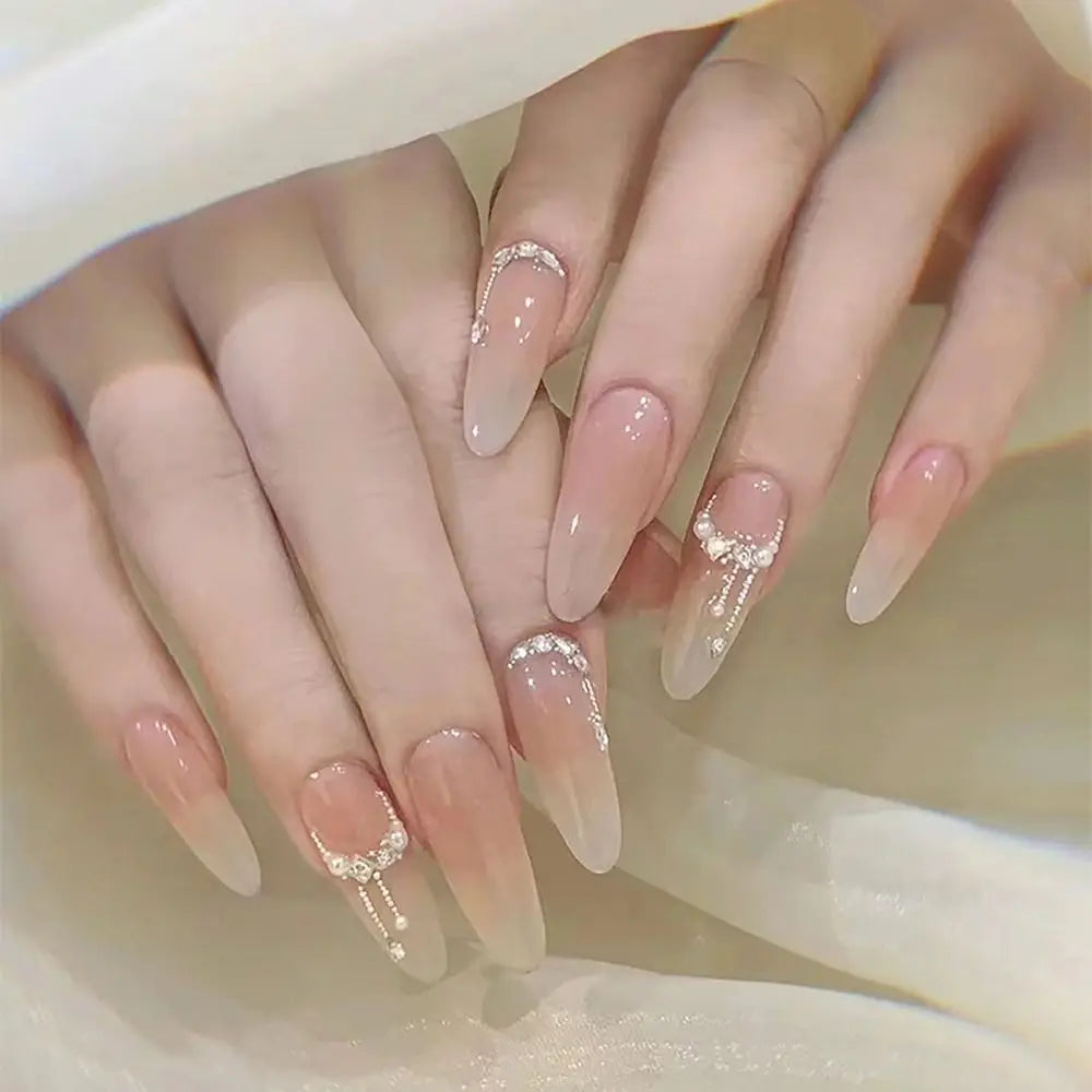 24/30PCS Reusable 3D Effect False Nail Green Ripple Glitter Press on Nails Full Cover Pink Bow Nail Tips for Women Girl