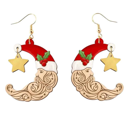 Vintage Moon Santa Wooden Earrings - Gold Star Christmas Statement Jewelry