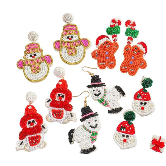 Christmas Beaded Snowman Earrings - Festive Holiday Dangle Earrings