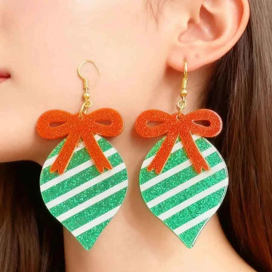 Red & Green Sequin Bow Earrings - Festive Christmas Party Statement Jewelry