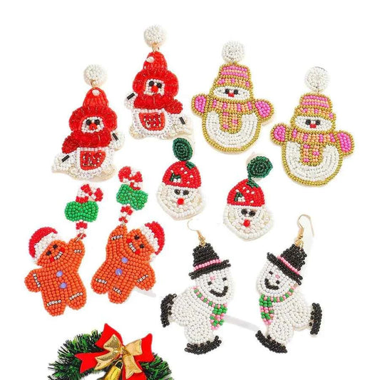 Christmas Beaded Snowman Earrings - Festive Holiday Dangle Earrings