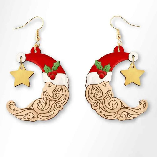 Vintage Moon Santa Wooden Earrings - Gold Star Christmas Statement Jewelry