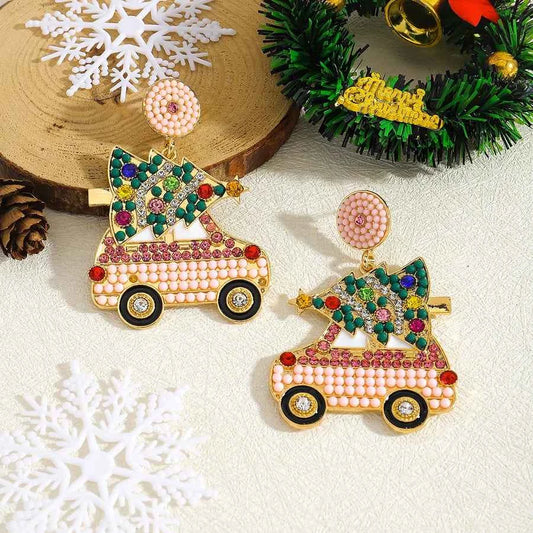 Christmas Tree Drop Earrings - Colorful Crystal Statement Holiday Jewelry